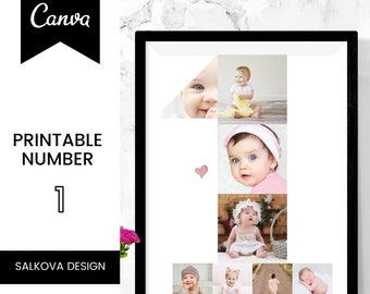 Number ONE baby GIRL first birthday photo collage, Anniversary gift for baby, Printable number one CUSTOMISED