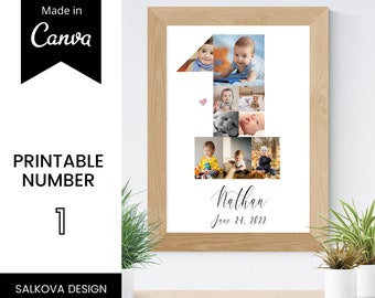 Number ONE baby BOY first birthday photo collage, Anniversary gift for baby, Printable number one CUSTOMISED