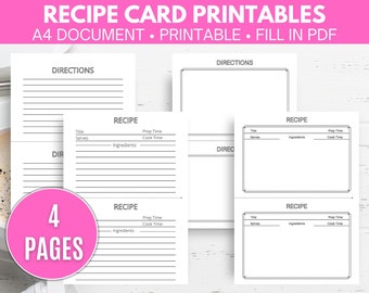 Recipe Card Template, Recipe Card Template Editable, Recipe Card Printable, Editable Recipe Card PDF A4