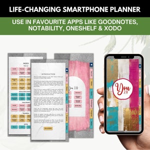 May include: A digital planner for a smartphone app with a pink, blue, and gold abstract design. The planner is titled "You 2.0" and includes sections for vision, goals, challenges, progress, and notes.