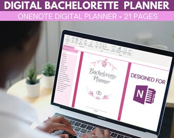 Może przedstawiać: Laptop z wyświetlanym cyfrowym planem na wieczór panieński. Planer jest przeznaczony do użytku z programem Microsoft OneNote i zawiera 21 stron. Planer ma różowo-białą kolorystykę z kwiatowym wzorem i tekstem "Bachelorette Planner".
