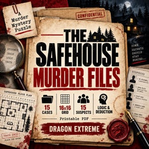 May include: A murder mystery puzzle game titled The Safehouse Murder Files, featuring a printable PDF format with 15 cases, a 16x16 grid, 15 suspects, and logic and deduction elements. Includes a magnifying glass, floor plan, and wax seal.