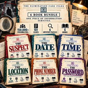 Pode incluir: Um conjunto de seis livros intitulado The Elimination Case Files, com capas individuais para The Suspect, The Date, The Time, The Location, The Phone Number e The Password. Cada capa exibe detalhes de quebra-cabeças e ícones.