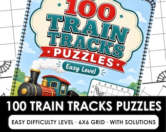 Train Tracks: 100 Easy 6x6 Railway Logic Puzzles, Train Track Puzzle PDF, Printable Adult Brain Teaser Book PDF, PDF Download with Solutions