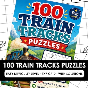 Puede incluir: Una portada de libro de acertijos titulada 100 Train Tracks Puzzles con una insignia de nivel fácil. La ilustración muestra una locomotora de vapor en un paisaje verde bajo un cielo azul. El texto incluye 100 Train Tracks Puzzles, Easy Difficulty Level, 7x7 Grid, With Solutions.