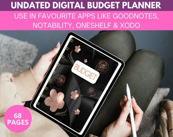 May include: A digital budget planner with 68 pages, featuring a black and gold floral design. The planner is displayed on a tablet and is ready to be used in apps like Goodnotes, Notability,  Oneshelf, and Xodo.