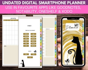 Undated cell phone digital planner for cat lovers, digital planner for iphone, digital planner for android, digital planner xodo