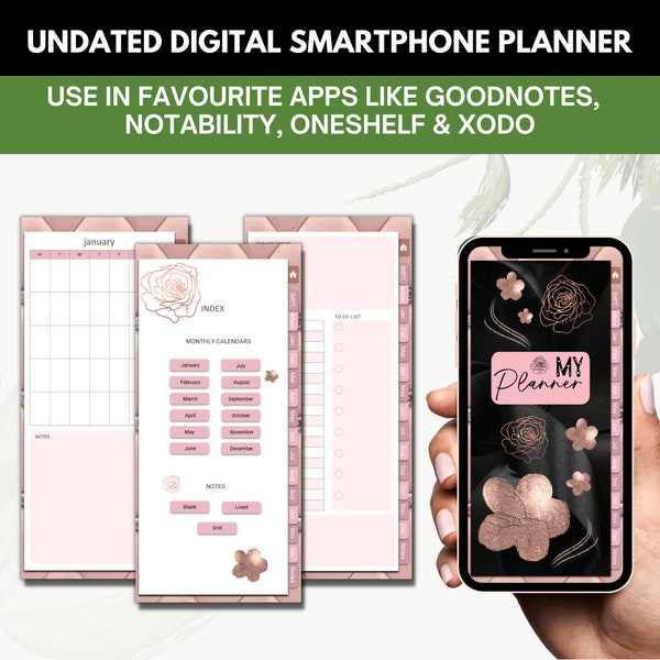 Undated cell phone digital planner, rose gold digital planner, digital planner for iphone, digital planner for android, digital planner xodo