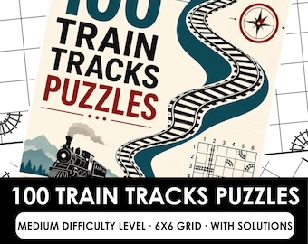 Treinrails: 100 middelgrote logische puzzels van 6x6 met treinrails, treinrailspuzzel in PDF-formaat, printbaar boek met hersenkrakers voor volwassenen in PDF-formaat, PDF-download met oplossingen
