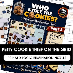 May include: A logic puzzle game titled Who Stole The Cookies featuring a dark blue cover with a glass jar of chocolate chip cookies, a grid-based office floor plan, a clipboard labeled The Dossier, and a Hard Level badge for ten mystery cases.