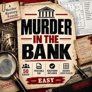 May include: A Murder in the Bank mystery puzzle game set featuring a central document with a bank building icon, 50 cases, printable PDF, solutions, and Sudoku logic puzzles. Includes a magnifying glass, a fingerprint, and evidence notes.