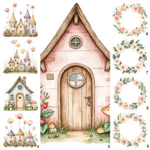 May include: Watercolor illustrations of fairy tale houses and floral wreaths. The houses feature whimsical designs with turrets, doors, and windows, surrounded by flowers and greenery. The wreaths showcase delicate blooms and foliage.