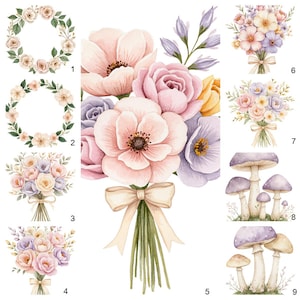 May include: Watercolour illustrations of floral arrangements and wreaths. The image features bouquets of pink, purple, and yellow flowers tied with ribbons. Also included are mushroom illustrations with purple caps and white stems.