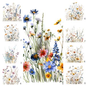 Op de afbeelding: Een verzameling van negen aquarel illustraties met verschillende soorten wilde bloemen in tinten blauw, roze, geel en wit. De bloemen zijn in een boeket-achtige stijl gerangschikt, met sommige bloemen die elkaar overlappen.