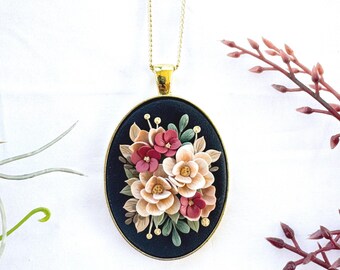 Evelyn Fleur Collection necklace | Floral polymer clay necklace | oval pendant