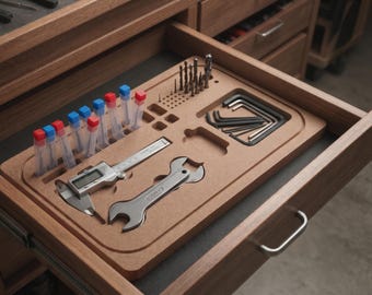 May include: A wooden tool organizer tray inside a drawer, featuring custom-cut slots holding a digital caliper, a metal wrench, a set of L-shaped hex keys, and several clear plastic tubes with red and blue caps containing drill bits.