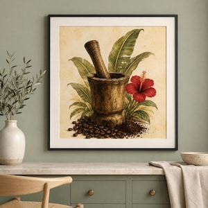 May include: A framed square wall art print featuring a wooden mortar and pestle centered among green tropical leaves, a vibrant red hibiscus flower, and a pile of dark brown coffee beans on a light beige background with a watercolor texture.