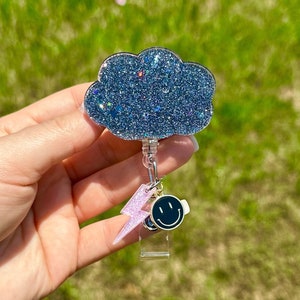 Black Cloud badge reel | funny badge reel | cloud badge | nimbus cloud | nurse gift | teacher gift | co worker badge | pink lighting bolt |
