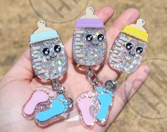 Baby Bottle with Footprints nurse badge reel | nicu nurse badge reel | baby nurse | PICU nurse | OB | labor and delivery | l and d | obgyn