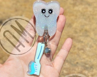Tooth badge reel | dh | rdh | ldh | cda badge reel | teeth | dental assistant | dentist |  dental badge reel  tooth brush | dental hygienist