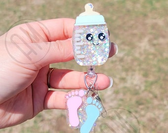 Baby Bottle and footprints Badge Reel | ob badge | nurse badge reel | mother baby | Nursery | nicu | L and D | labor and delivery badge l&d