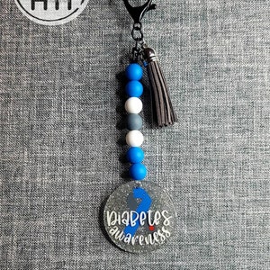 Diabetes Awareness bag charm November keychain with glitter and ribbon Blue type 1 type 2 purse charm Alert tag