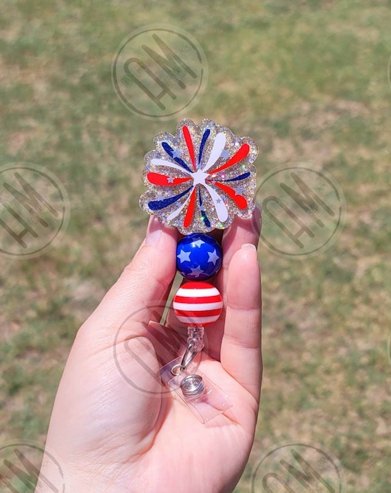 4th of July Badge Reel Aesthetic ID Pull Red White Blue Co Worker