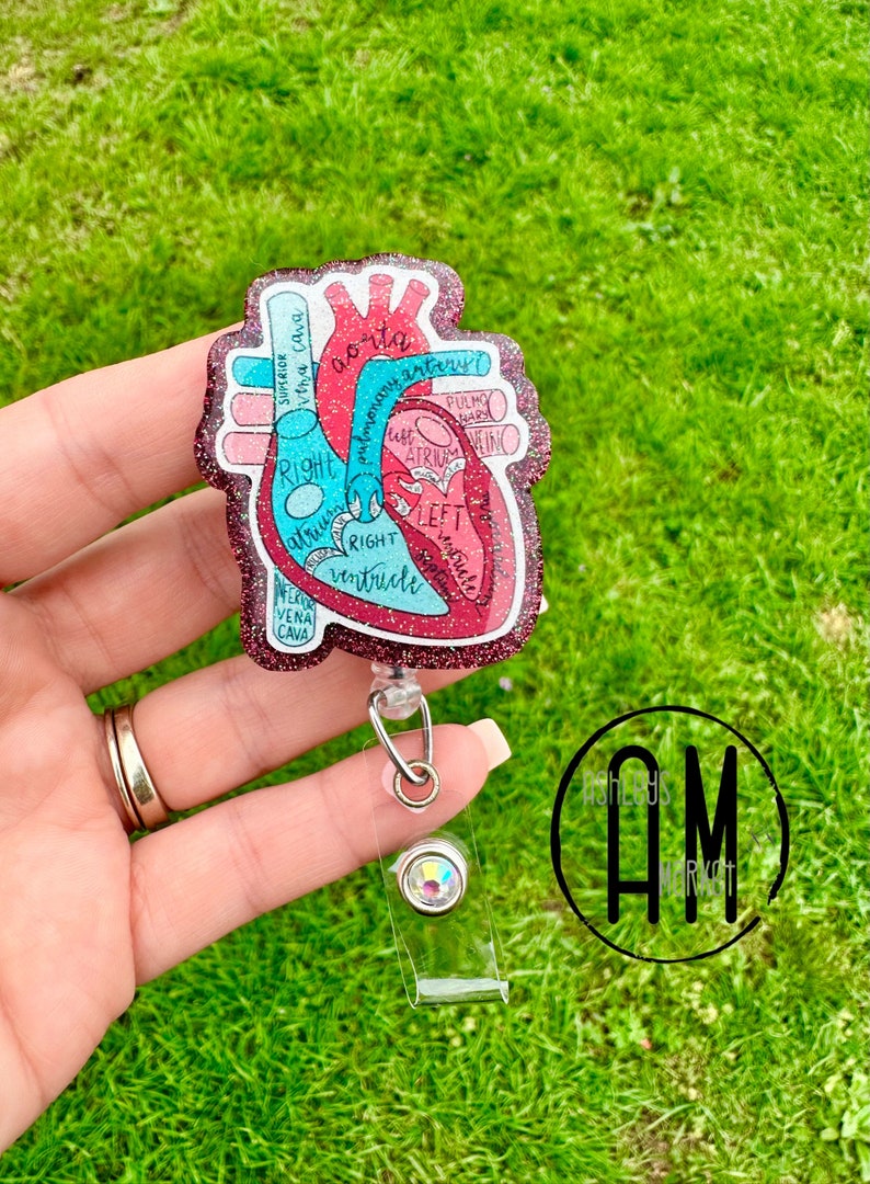 May include: A pink glitter heart-shaped badge holder with a clear plastic retractable reel and a rhinestone charm. The heart features a detailed anatomical illustration of the human heart with labels for the aorta, pulmonary artery, right atrium, left atrium, right ventricle, left ventricle, superior vena cava, and inferior vena cava.