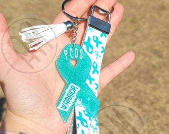 Teal Ribbon Awareness  keychain keyfob teal wrislet | PCOS | Ovarian Cancer | Tourettes Syndrome | Anti Bully | OCD Awareness | obgyn | endo