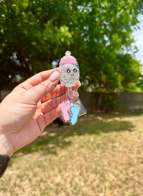 Pink Baby Bottle and Footprints Badge Reel Ob Picu Nurse Badge