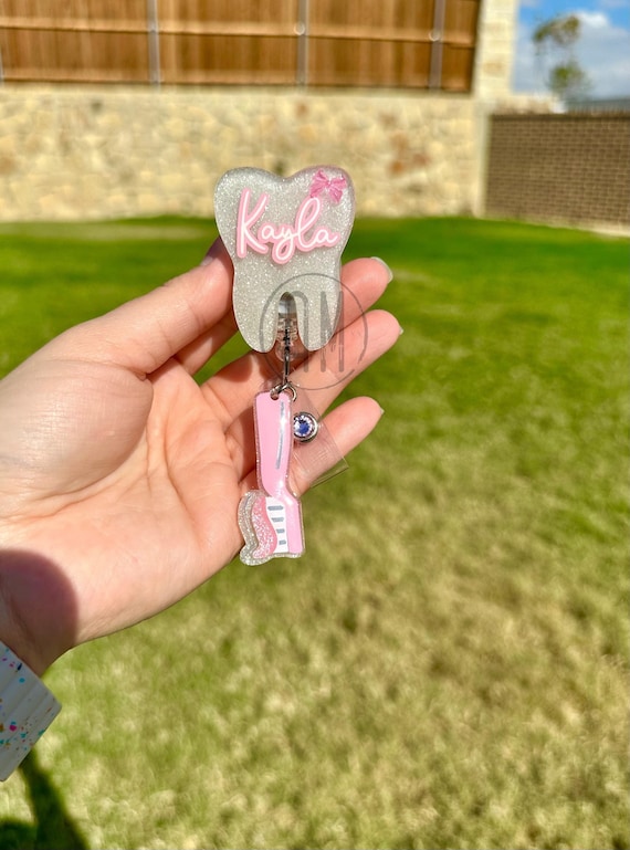 Pink Cutesy Personalized Tooth badge reel | dh ldh rda rdh cda | dental assistant badge | dental hygienist badge | dentist | bow coquette