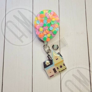 House floating up by Balloons badge reel | nurse badge reel | teacher badge reel |  aesthetic | rainbow | staff gift idea | medical | mouse