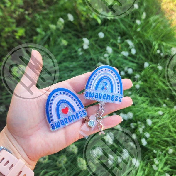 Blue Ribbon Awareness badge reel | Child Abuse | Diabetes Awareness | T1D | GBS | Colon Cancer | Bully Awareness | Addiction | boho rainbow