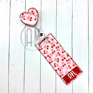 Floral Cherry Coquette Badge Buddy | cutesy | pink bow | demur | nurse gift | teacher gift | nurse badge | personalized buddy | bow badge