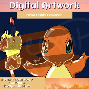 May include: Digital artwork of a cartoon Pokemon character with orange and yellow skin, holding a glowing orange and yellow flame in its hand. The background is dark blue with neon lights. The text "Neon Lights Pokemon" is at the top of the image.