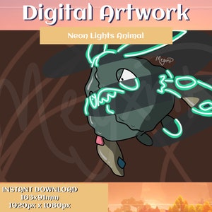 May include: Digital artwork of a green creature with neon green outlines. The creature has large eyes and a small mouth. The background is a brown gradient.