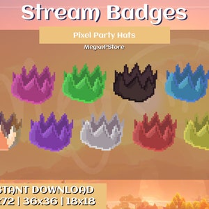May include: Eight pixel art party hats in different colors: purple, green, black, blue, orange, violet, gray, red, and yellow. Pixel Party Hats by MegxnPStore. Instant Download 72x72 | 36x36 | 18x18
