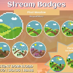 May include: Set of five pixel art stream badges featuring a green meadow with a winding path, a house, and trees. The badges are available in four sizes: 72x72, 36x36, and 18x18. The text "Flares Included!" is also visible in the image.