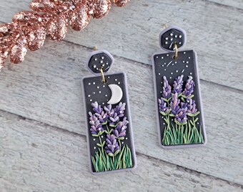 Lavender Earring Dangle | Lilac Earring | Handmade Polymer Clay Earrings | Cute Aesthetic Earring | Purple Flower | Cottage Core Earrings