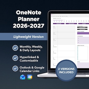 Pode incluir: Um planejador digital OneNote 2026-2027 versão leve exibido na tela de um laptop. A interface apresenta layouts semanais, seções mensais, semanais e diárias, hiperlinks e ícones de integração para Outlook e Google Calendar.