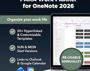 PARA Work OneNote Planner 2026 for Professionals | SUN/MON Start, Project Management OneNote Templates, Work Planner, Business Planner