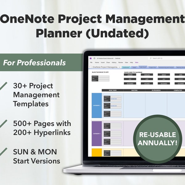 Planificateur numérique OneNote de gestion de projet (début SUN+MON non daté), planificateur d’affaires, planificateur de projet OneNote, travail de modèle OneNote, Kanban