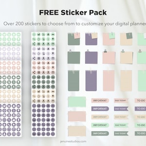 May include: A digital planner sticker pack with over 200 stickers to choose from. The stickers are in various colours and designs, including circles, squares, and banners. The stickers are perfect for customising your digital planner and adding a personal touch.