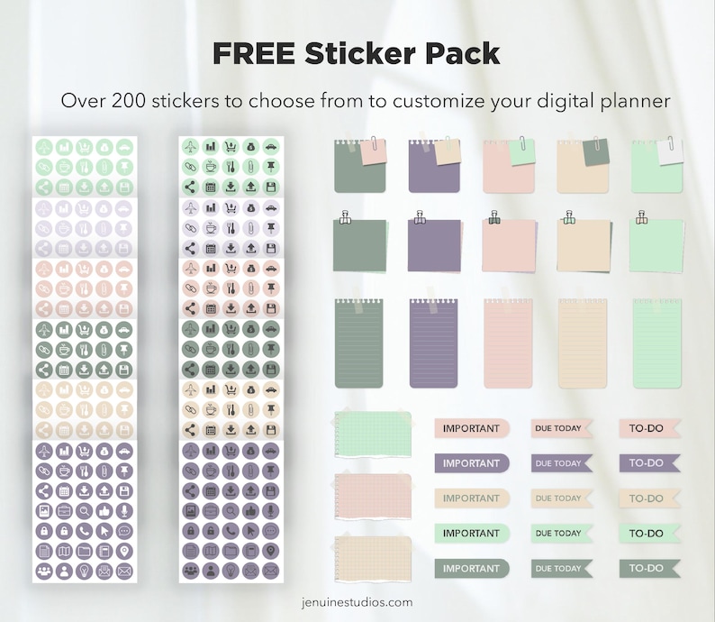 May include: A digital planner sticker pack with over 200 stickers to choose from. The stickers are in various colours and designs, including circles, squares, and banners. The stickers are perfect for customising your digital planner and adding a personal touch.