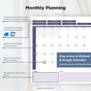Pode incluir: Um calend&aacute;rio de planejamento mensal digital com fundo branco e detalhes roxos. O calend&aacute;rio inclui uma visualiza&ccedil;&atilde;o de julho, com links para outros meses, p&aacute;ginas de planejamento semanal e di&aacute;rio. Oferece f&aacute;cil acesso ao Outlook e Google Calendars.