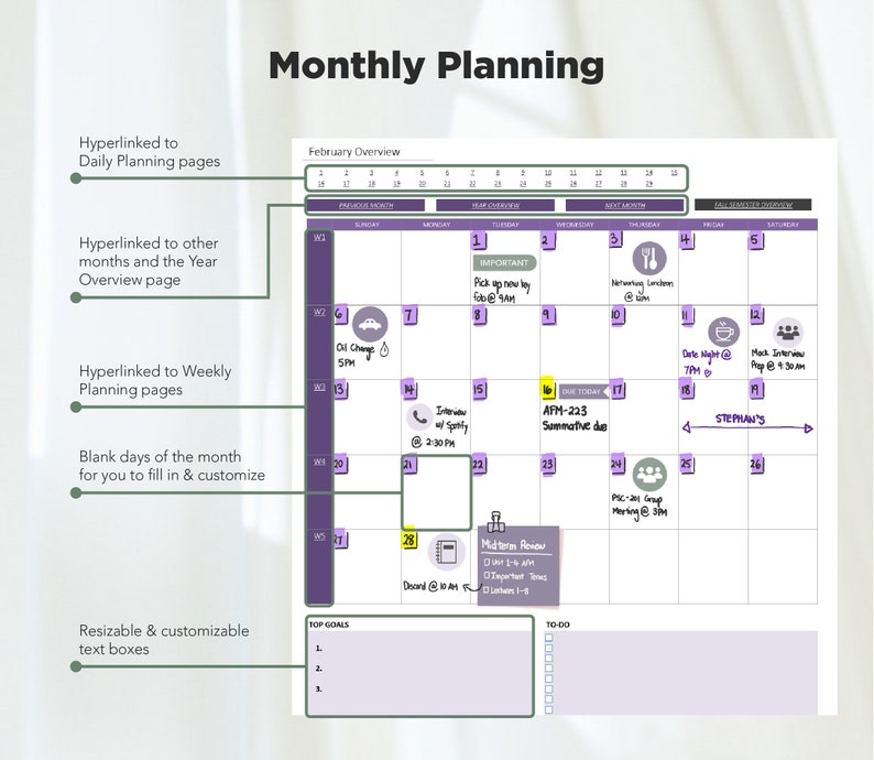 May include: A purple and white monthly planner with a February calendar. The calendar has daily boxes for scheduling appointments and events. The planner also includes sections for top goals and to-do lists.