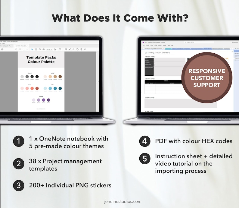 May include: A digital planner template pack for OneNote with 38 project management templates, 200+ individual PNG stickers, and 5 pre-made colour themes. The pack also includes a PDF with colour HEX codes and an instruction sheet with a detailed video tutorial on the importing process. Responsive customer support is available.