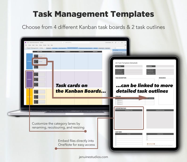 May include: A laptop screen displaying a Kanban task board template with colourful lanes and task cards. The text "Task cards on the Kanban Boards..." is visible. A tablet screen shows a detailed task outline template with sections for task description, timeline, resources, and supporting facts. The text "...can be linked to more detailed task outlines" is visible. The text "Customize the category lanes by renaming, recolouring, and resizing" is visible below the laptop screen. The text "Embed files directly into OneNote for easy access" is visible below the tablet screen. The text "jenuinestudios.com" is visible at the bottom of the image.