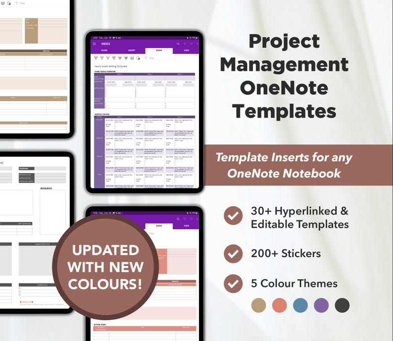 May include: A digital image showcasing a set of OneNote templates designed for project management. The image displays three different templates featuring a purple, brown, and grey colour scheme. The text "Project Management OneNote Templates" is prominently displayed at the top of the image. Below the title, the text "Template Inserts for any OneNote Notebook" is visible. The image also includes a list of features, such as "30+ Hyperlinked & Editable Templates", "200+ Stickers", and "5 Colour Themes".