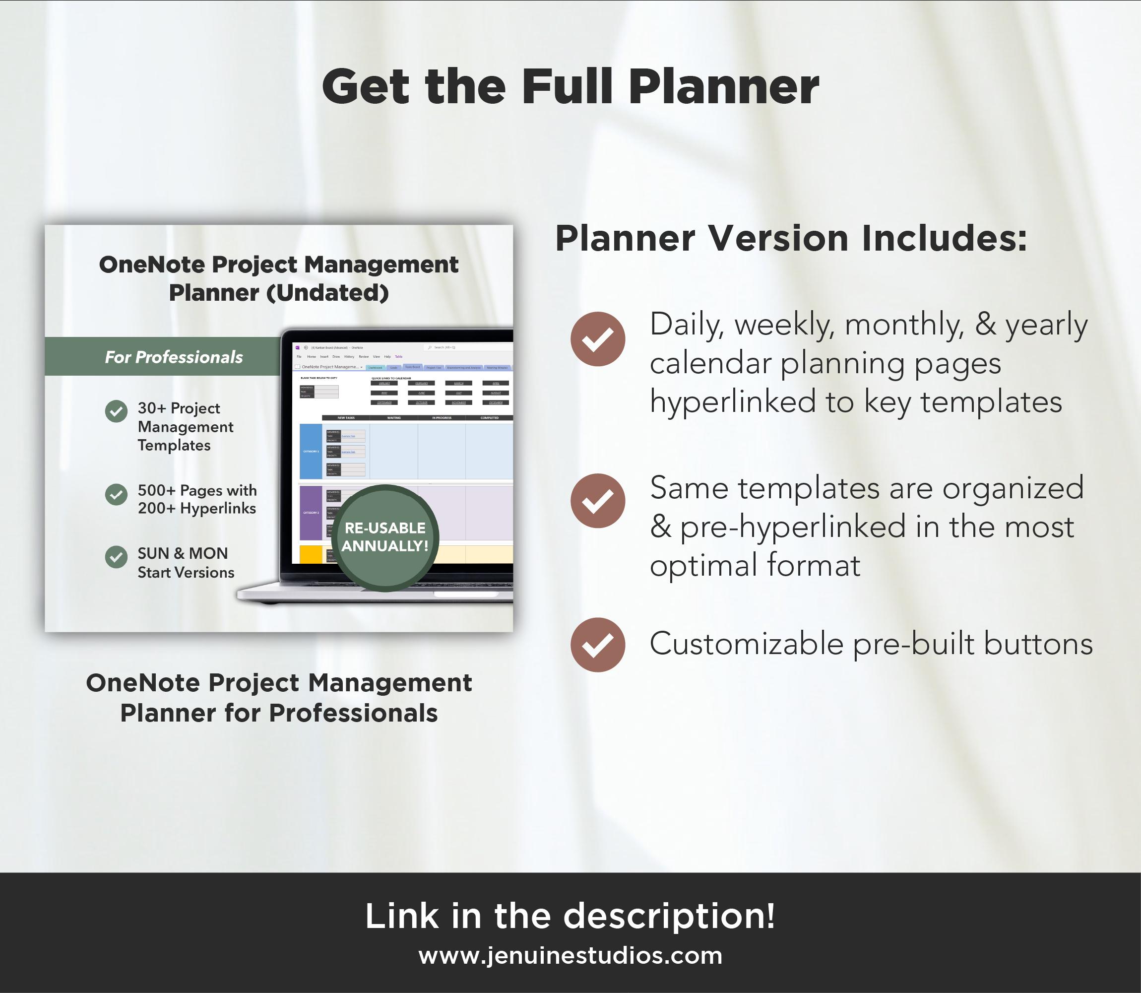 Onenote Project Call Planner Template Project Management Onenote Templates Pack, Business Planner Work ...